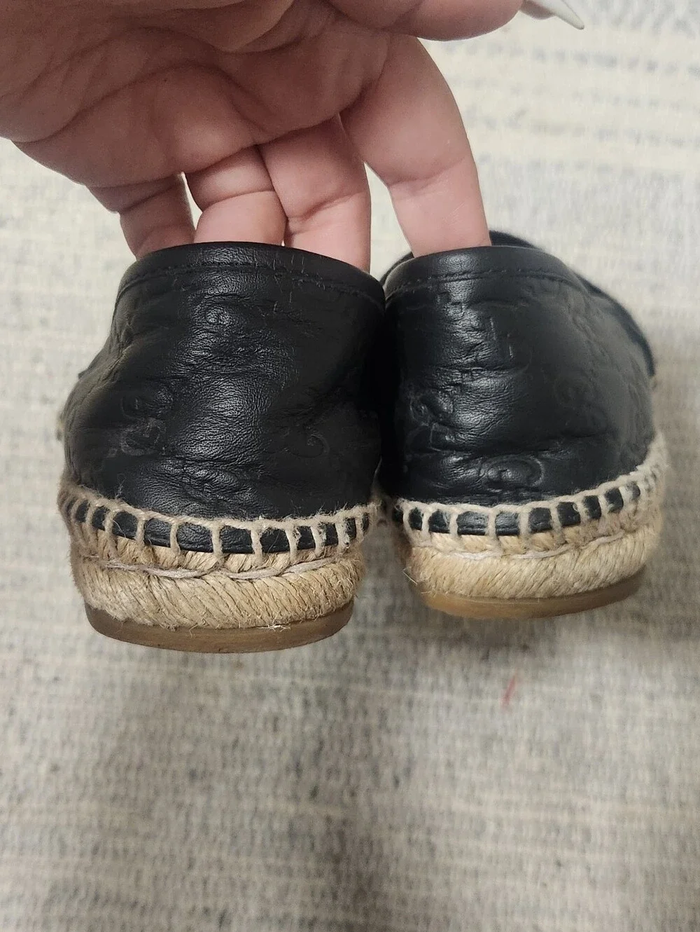Gucci Black Monogram Embossed Leather Espadrille Flats